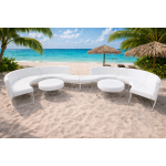 Contemporary round lounge ottoman with white wire frame and turquoise cushion
