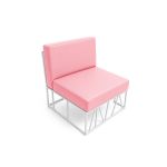 Modern modular lounge chair with white metal wire frame and light pink upholstered cushions