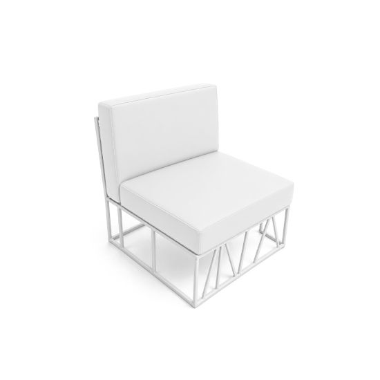 Minimalist modular lounge chair with all-white upholstered cushions and white wire frame