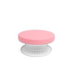 Round upholstered lounge ottoman with white wire frame and light pink cushion