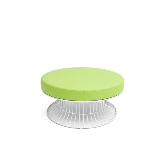Modern round lounge ottoman with white wire base and lime green cushion