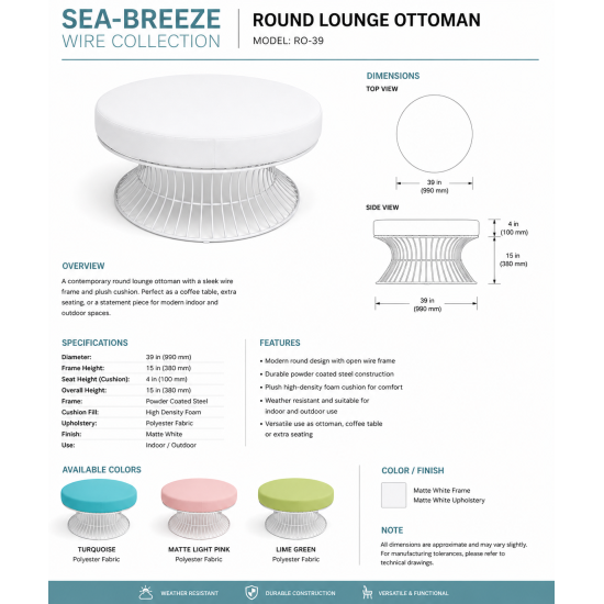 Contemporary round lounge ottoman with white wire frame and turquoise cushion
