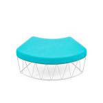 Contemporary curved ottoman with white wire frame and turquoise upholstered cushion