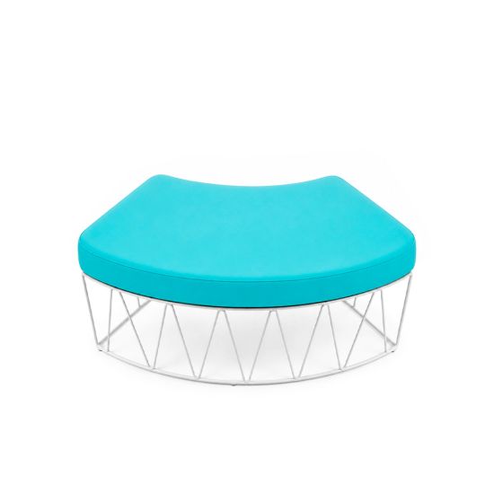 Contemporary curved ottoman with white wire frame and turquoise upholstered cushion