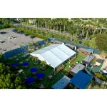 82'x66' heavy-duty event tent with silver frame and white pitched roof, open-sided structure displayed in product rendering with visible support framing