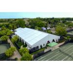 82'x66' heavy-duty event tent with silver frame and white pitched roof, open-sided structure displayed in product rendering with visible support framing