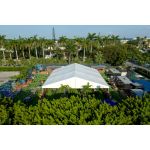 82'x66' heavy-duty event tent with silver frame and white pitched roof, open-sided structure displayed in product rendering with visible support framing