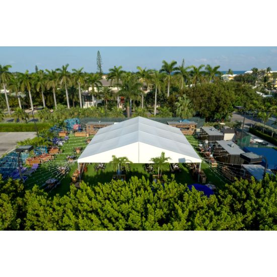 82'x66' heavy-duty event tent with silver frame and white pitched roof, open-sided structure displayed in product rendering with visible support framing