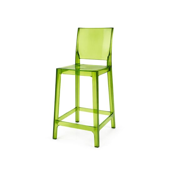 Transparent green acrylic ghost bar stool with square backrest and footrest frame, modern bar-height stool for kitchen island, counter seating, or bar area.
