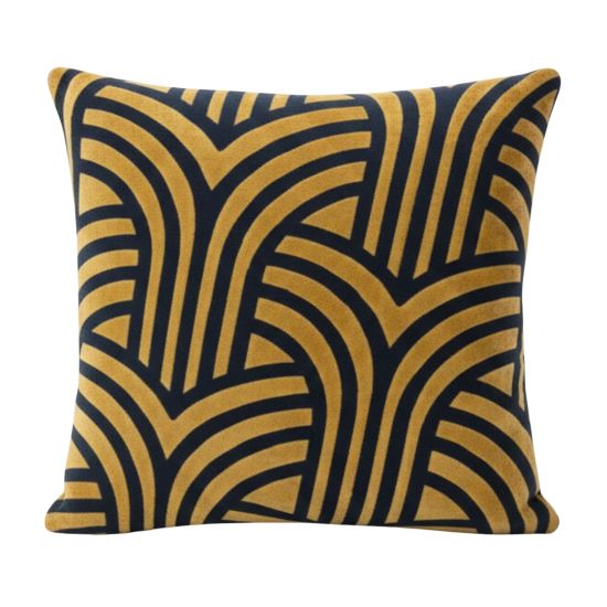 Gold and black throw pillow with curved art deco fan pattern, bold glam accent cushion for weddings and lounge décor styling.