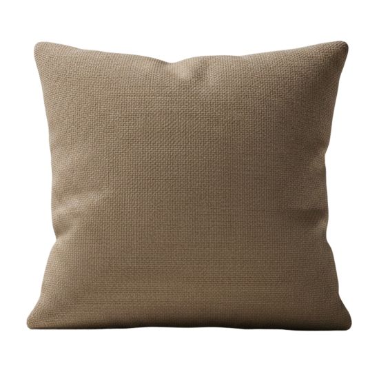 Brown jute-texture throw pillow with woven fabric look, rustic neutral accent cushion for boho events and lounge décor styling.