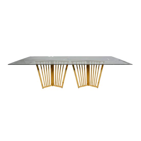 Rectangular glass-top dining table with polished gold stainless-steel base modern banquet/event table with clear glass surface