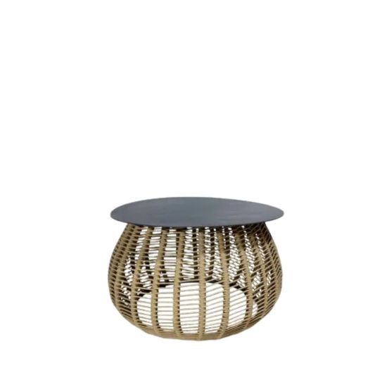 Spade round coffee table with black top and woven beige synthetic-rope base, 18″ H × 27.5″ D event lounge piece