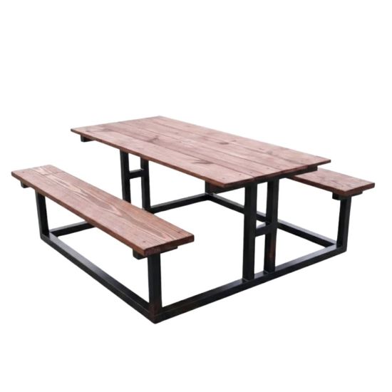 Wood picnic table with attached benches and black aluminum frame, rustic outdoor table rental for events, festivals, and gatherings.
