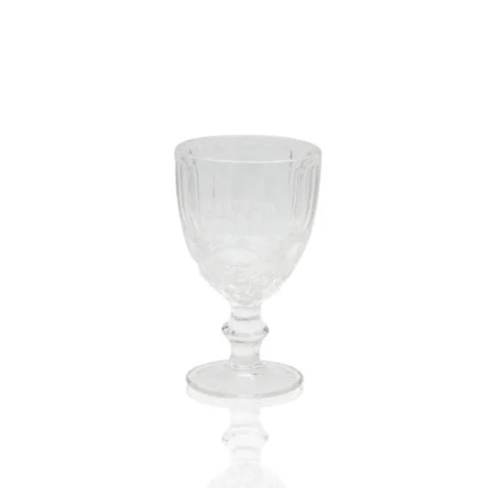 Bella clear water glass with textured bowl and short stem, classic glassware for receptions, dinners, and event table settings, rack of 25.