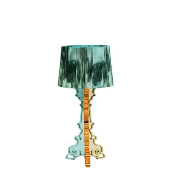 Metallic blue Bourgie-style table lamp with pleated shade and decorative base, modern accent lighting for events and lounges