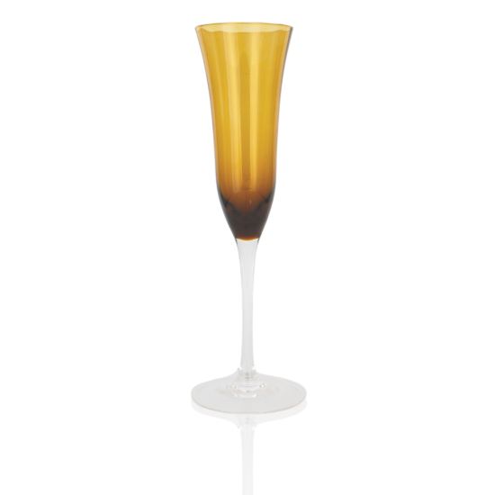 Solid amber champagne glass with warm gradient bowl and clear stem, elegant colored event glassware for weddings and toast service.