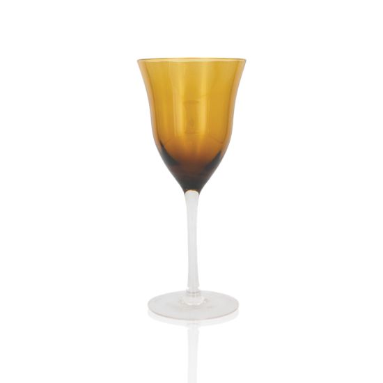 Solid amber water glass with warm gradient bowl and clear stem, stylish event glassware for receptions and dinner table settings.