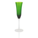 Solid forest green champagne glass with rich gradient bowl and clear stem, elegant colored event glassware for weddings and toast service.