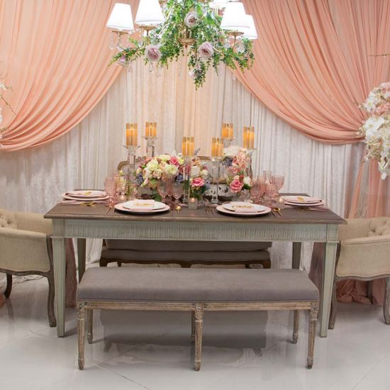 Sandstone rectangular dining table with simple straight legs, classic event dining table for weddings, banquets, and receptions