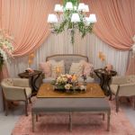 Oak-finish Paris settee loveseat with tufted back and light upholstery, elegant vintage lounge seating for weddings and events