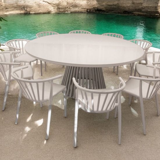 72" Bohemian round dining table with white top and Silver base, ideal for decorating bohemian-style dining rooms and reception areas.