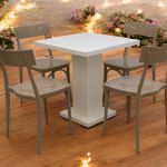 Taupe Venus chair with slim modern frame and simple backrest, neutral event dining chair for weddings, banquets, and receptions