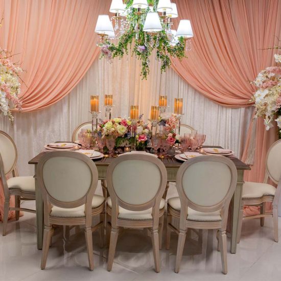 Sandstone rectangular dining table with simple straight legs, classic event dining table for weddings, banquets, and receptions