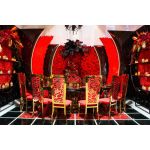 Gold metal “Rosana Chair” event dining chair with sleek gold frame and Red cushion seat, designed for luxury wedding or gala seating.