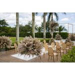Gold oval-back event chair with polished metal frame and White upholstered seat, modern luxury seating ideal for weddings and upscale receptions.