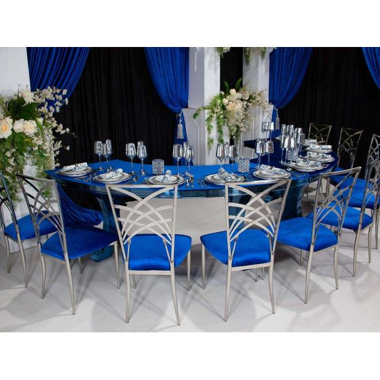 Silver metal Cleopatra armless event chair with Eggplant upholstered seat cushion