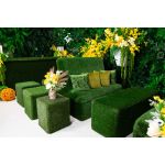 Green artificial-grass panel front event bar rental unit with light top “Grass Collection” garden-style bar configuration.