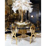 Gold metal event chair with heart-shaped double-oval backrest and White upholstered seat cushion