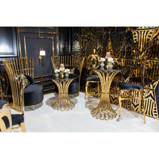 Gold Halexandria bar stool with Red cushioned seat and curved metal backrest on bar-height frame with foot-rail