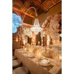 Chandelier hanger and coupler stand with black fabric cover, curved top support for hanging décor and lighting.