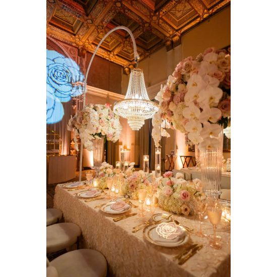 Chandelier hanger and coupler stand with black fabric cover, curved top support for hanging décor and lighting.