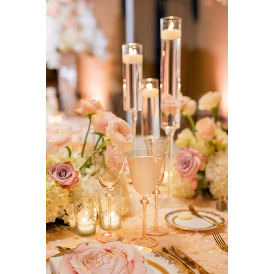 Glitz blush water goblet with flared bowl and stem, elegant pink-tinted glassware for receptions and dinner tables, rack of 16.