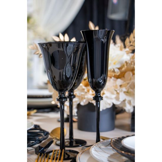 Glitz onyx black wine glass with flared bowl and stem, elegant event glassware for weddings, parties, and bar service, rack of 16.