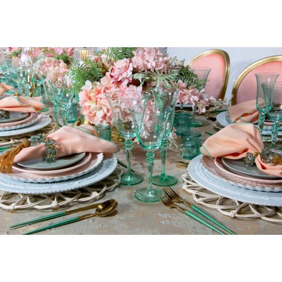 Mint green champagne flute with slender stem and tinted base, elegant glassware for weddings, showers, and event bar service, rack of 16.
