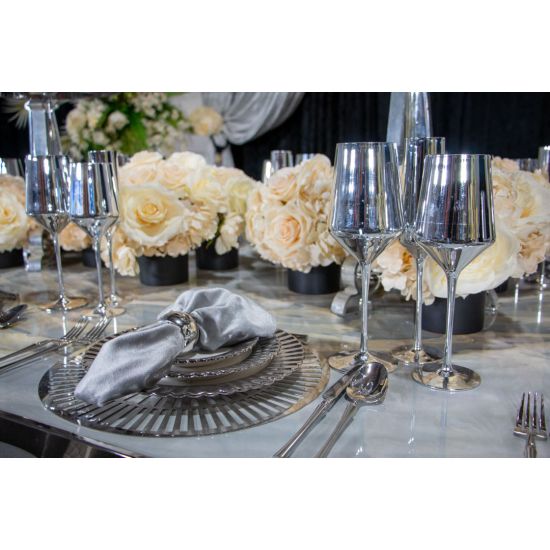 Reflection smoke silver wine glass with metallic mirrored finish and stem, elegant event glassware for weddings, dinners, and bar service, rack of 25.