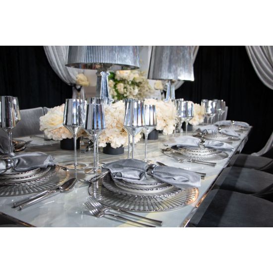 Reflection smoke silver wine glass with metallic mirrored finish and stem, elegant event glassware for weddings, dinners, and bar service, rack of 25.