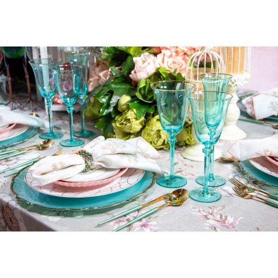 Glitz aqua champagne flute with slender stem and flared bowl, colorful event glassware for weddings and toasts, supplied in a rack of 25.