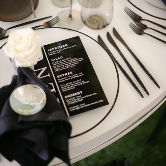 Matte black dinner knife with slim modern handle, sleek disposable flatware set of 10 for formal dinners, receptions, and modern tablescapes.