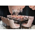 Isabella dining chair with rose gold upholstered seat and curved high back, natural wood legs, modern seating for weddings, parties, and events.