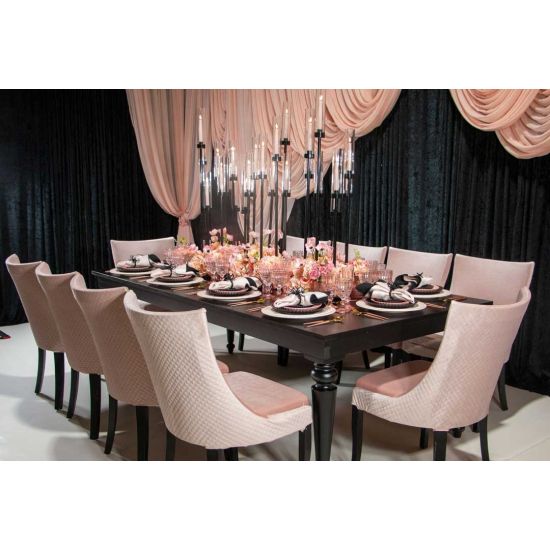 Isabella dining chair with rose gold upholstered seat and curved high back, natural wood legs, modern seating for weddings, parties, and events.