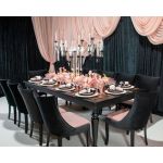 Isabella dining chair with rose gold upholstered seat and curved high back, natural wood legs, modern seating for weddings, parties, and events.
