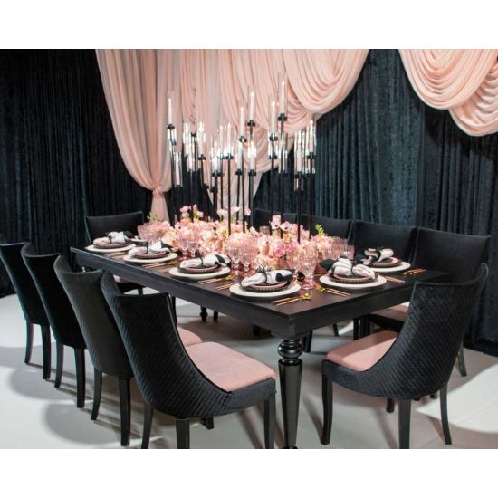 Isabella dining chair with rose gold upholstered seat and curved high back, natural wood legs, modern seating for weddings, parties, and events.