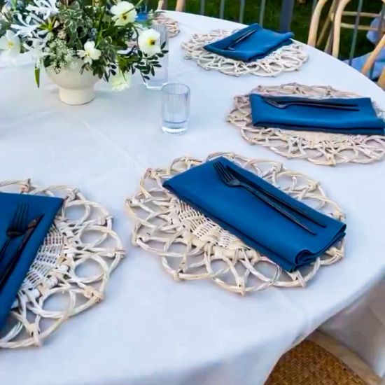 Natural brown woven provencal charger plate with open looped border and rattan texture, rustic charger for weddings and outdoor events