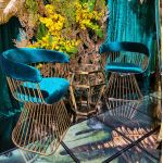 Art Deco Reflection accent chair with tiffany blue velvet seat and curved back, gold metal wire frame, luxury lounge seating for weddings and events.