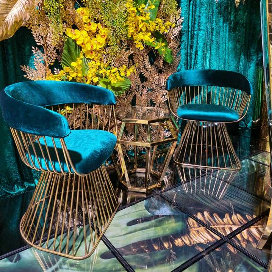 Art Deco Reflection accent chair with tiffany blue velvet seat and curved back, gold metal wire frame, luxury lounge seating for weddings and events.